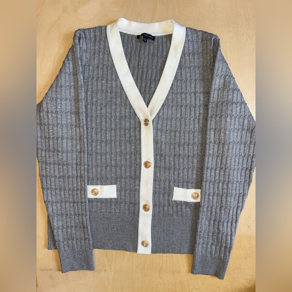 Adrianna Papell Women’s Sz Large Cardigan Sweater Cable Gold Button Up old Money